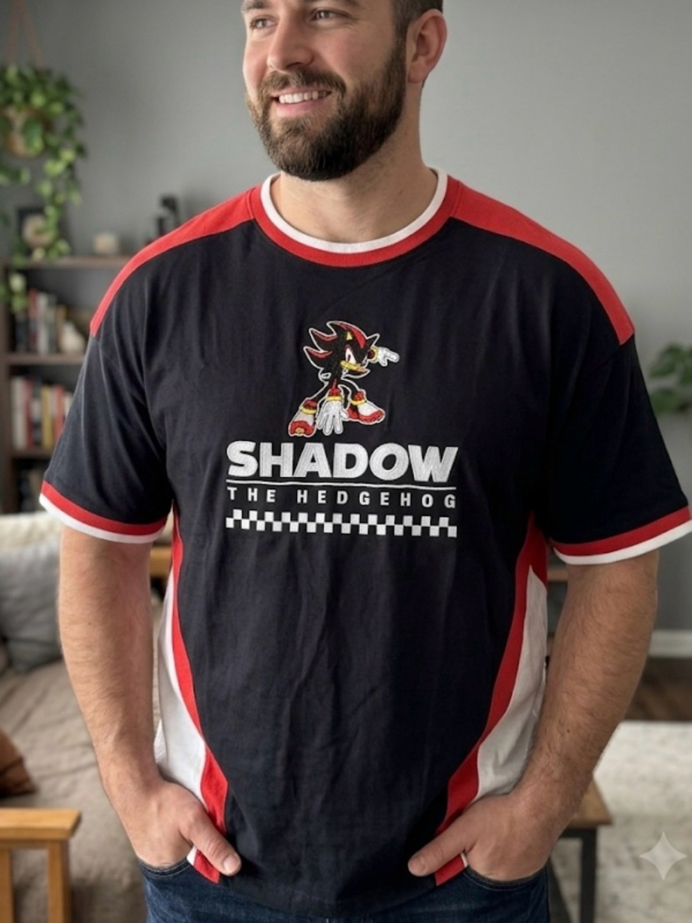BoxLunch Shadow the Hedgehog Black Red Embroidered Jersey Shirt Size Large